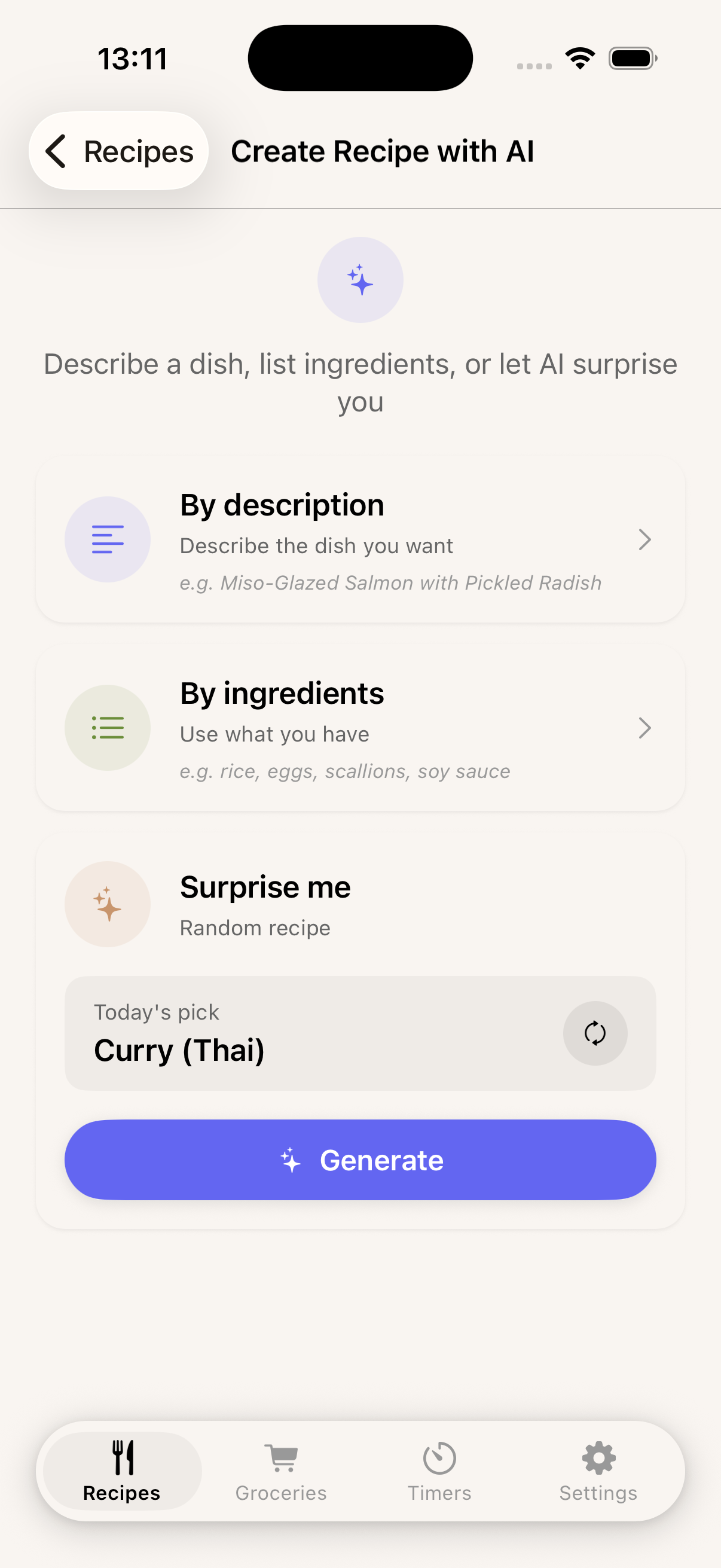 Carbonara app AI recipe generation screen