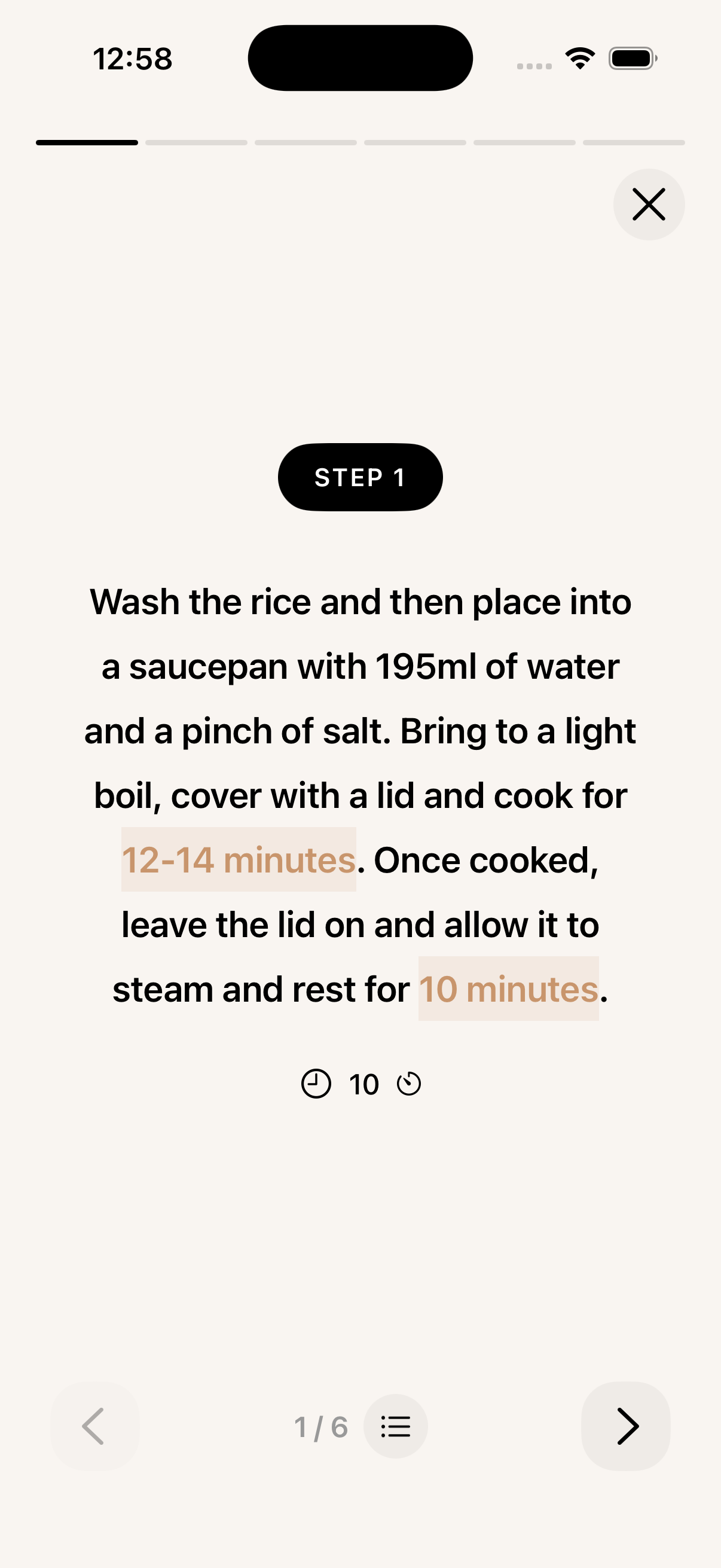 Carbonara app cooking mode with step-by-step instructions and timer