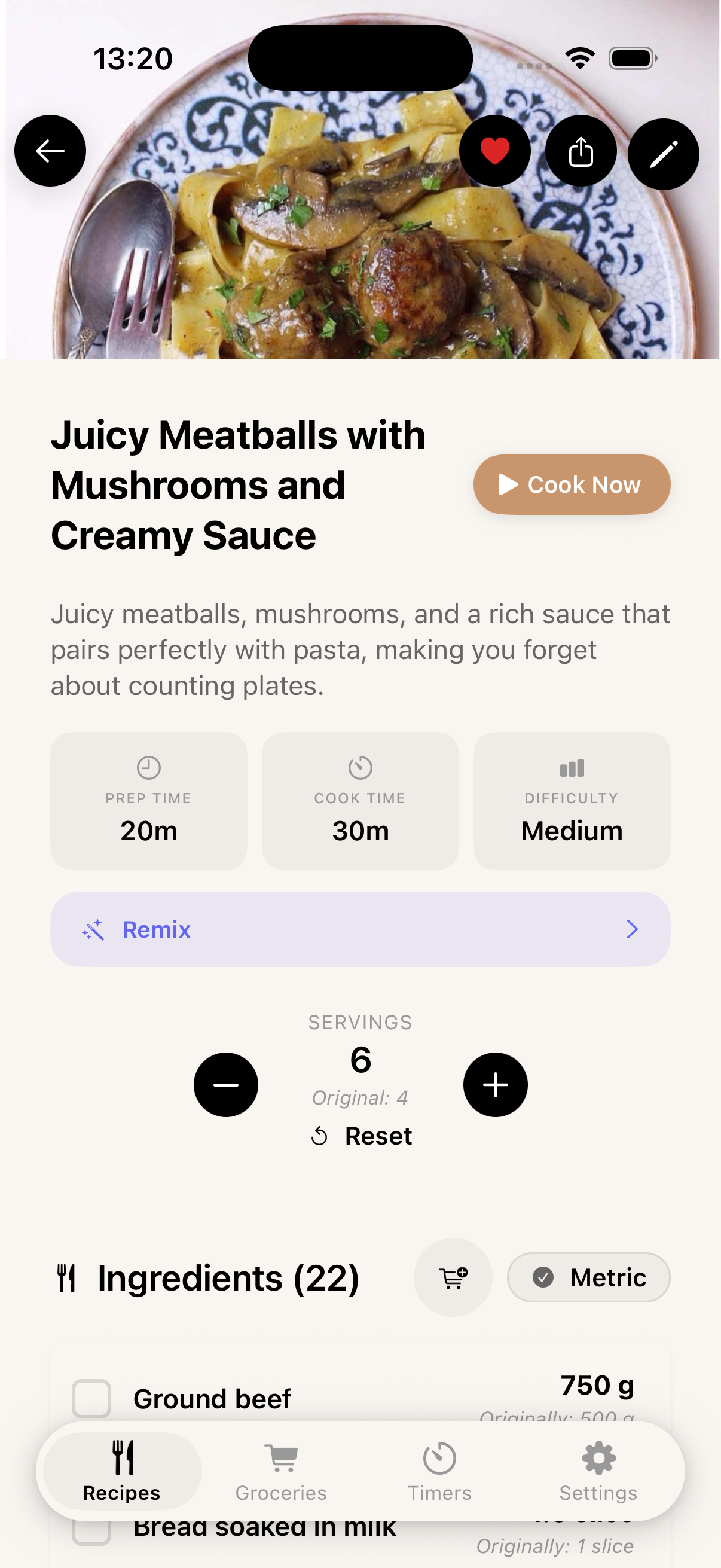 Carbonara cooking mode full screen view with timer and step navigation