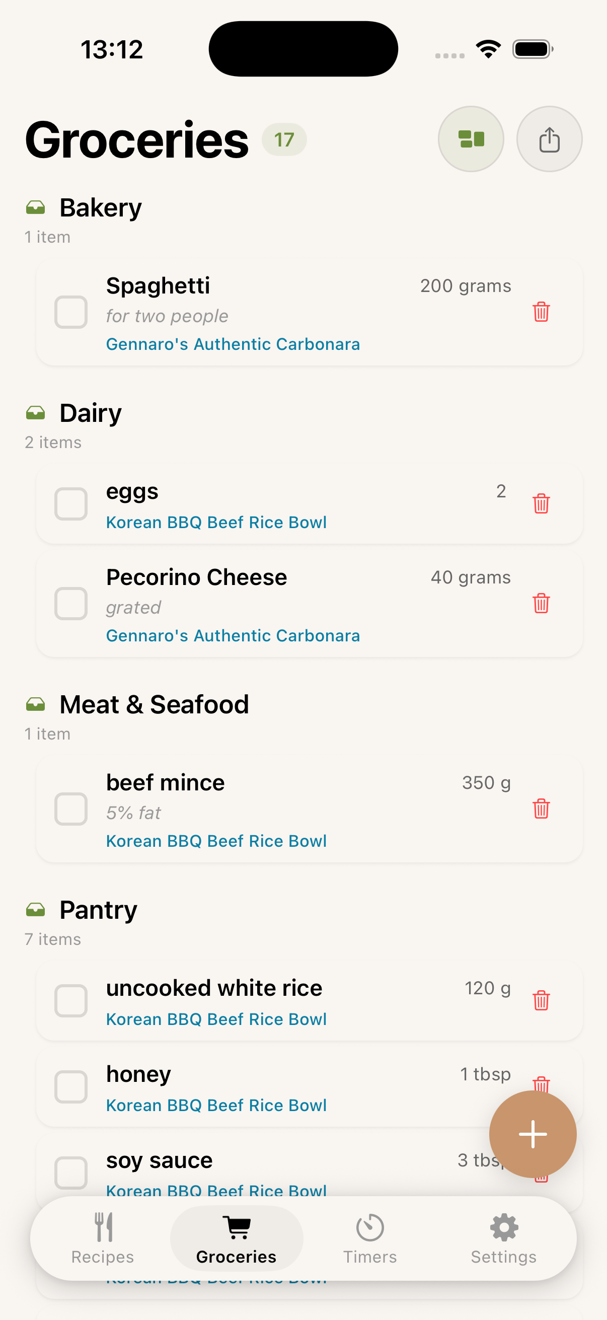 Carbonara app grocery list with grouped ingredients