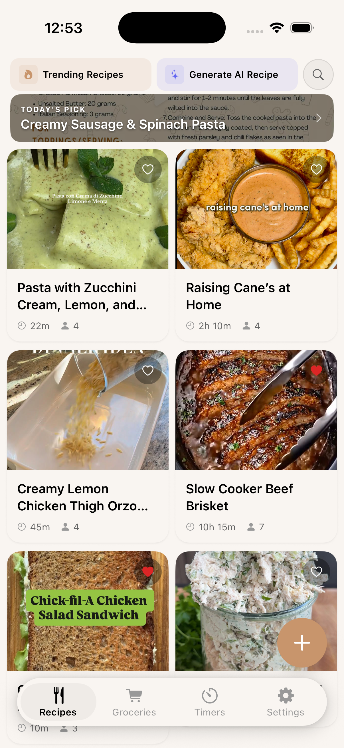 Carbonara app — recipe feed with trending recipes and search
