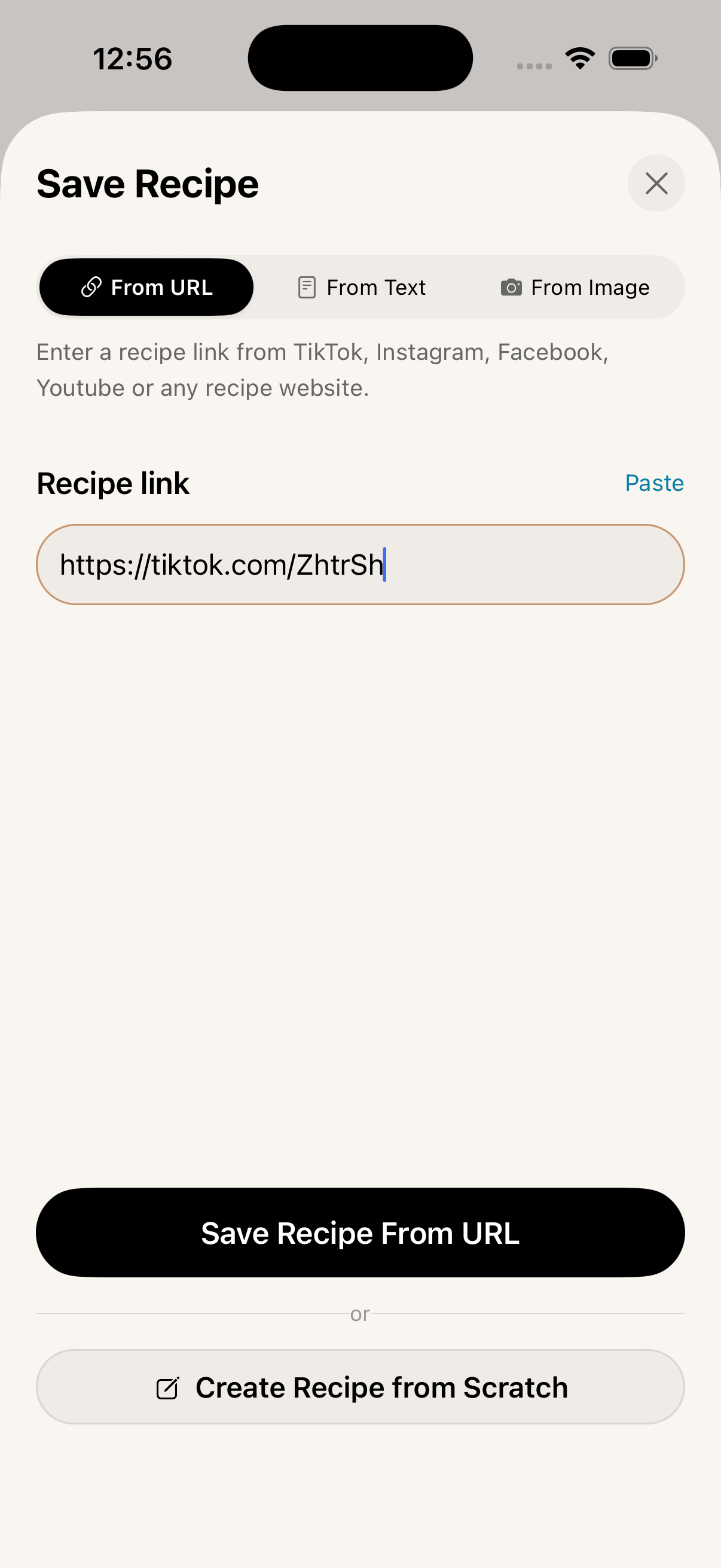 Carbonara app import screen showing URL, text and photo import options