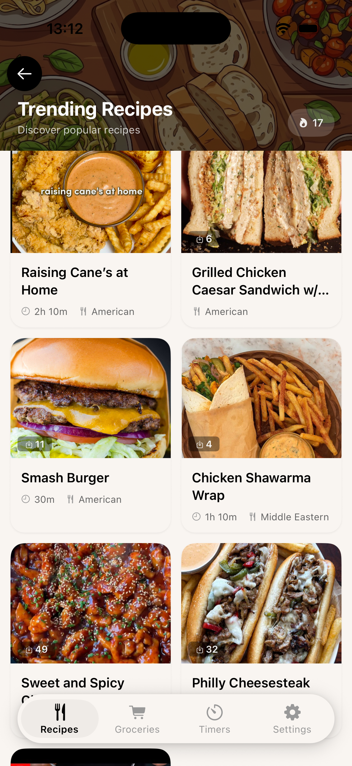 Carbonara app trending recipes screen with community templates